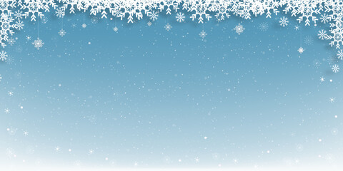 Christmas background with Winter landscape, Snowflakes frame on blue sky background,Vector banner of winter scene for holiday backdrop on New Year promotion or Sale concept