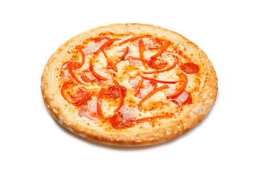 Delicious classic italian pizza with Mozzarella, ham, pepperoni sausage and pepper