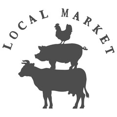Local market. vector farm animals silhouettes isolated on white. Image for meat stores , market, packaging and advertising. Vector illustration.