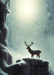 an deer or elk stand in heavy snow before epic winter background for christmas. hand drawn style painting illustration. animal, nature, cartoon, art.