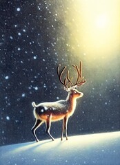an deer or elk stand in heavy snow before epic winter background for christmas. hand drawn style painting illustration. animal, nature, cartoon, art.