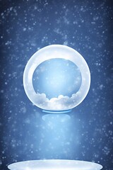 beautiful winter snowglobe podium for product display with colorful clouds in moody greys and blues blank background. high quality digital art. rendering illustration.