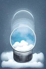 beautiful winter snowglobe podium for product display with colorful clouds in moody greys and blues blank background. high quality digital art. rendering illustration.