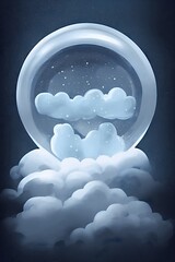 beautiful winter snowglobe podium for product display with colorful clouds in moody greys and blues blank background. high quality digital art. rendering illustration.