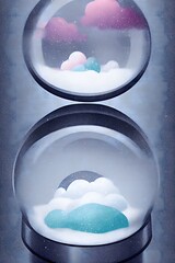 beautiful winter snowglobe podium for product display with colorful clouds in moody greys and blues blank background. high quality digital art. rendering illustration.