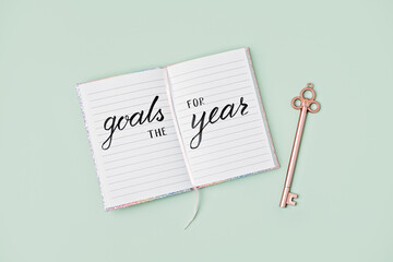 Goals for the year 2023, New year resolution. Text Goals for the year in open notepad on the table. Start new year, planning and setting plans for the next year.