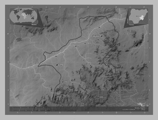 Taraba, Nigeria. Grayscale. Labelled points of cities