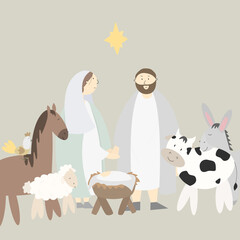 The baby Jesus was lying in a manger surrounded by animals