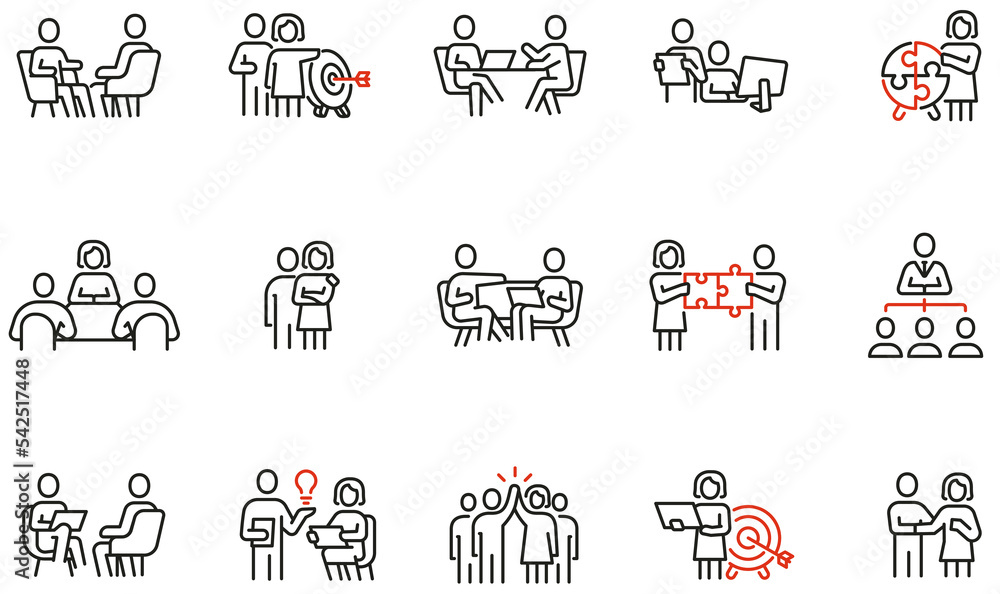 Poster vector set of linear icons related to collaboration on a project or enterprise, business team and co