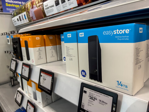 Seattle, WA USA - circa September 2022: Wide view of desktop storage devices for sale inside Best Buy