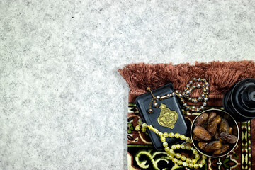 lantern and  prayer mat , rosary muslim and dates fruits, islam holidays 