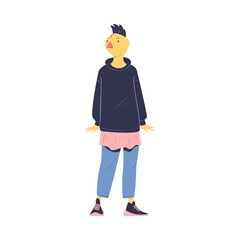 Man Character with Chick Animal Head Standing Wearing Jeans and Hoody Vector Illustration