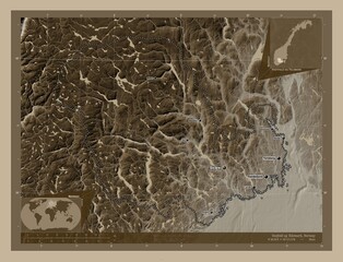 Vestfold og Telemark, Norway. Sepia. Labelled points of cities