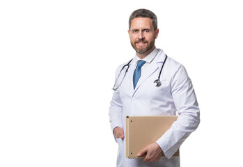 happy physician with folder. physician isolated on white. physician hold medical record. copy space