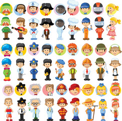 Kids in professional uniform. Children doing different job as builder, teacher, businessman, doctor and firefighter. Boys and girls choosing career. Characters employees isolated vector