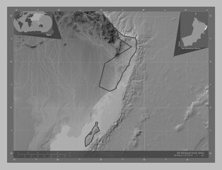 Ash Sharqiyah South, Oman. Grayscale. Labelled points of cities