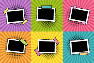 Set of horizontal photo frames in pop art style on bright background. Collection of photo frames in comic style for a photo album. Color stickers on frames. Template for the design of frames for photo