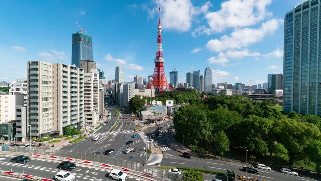 Time lapse of Tokyo skyline over busy traffic intersection in Tokyo, Japan