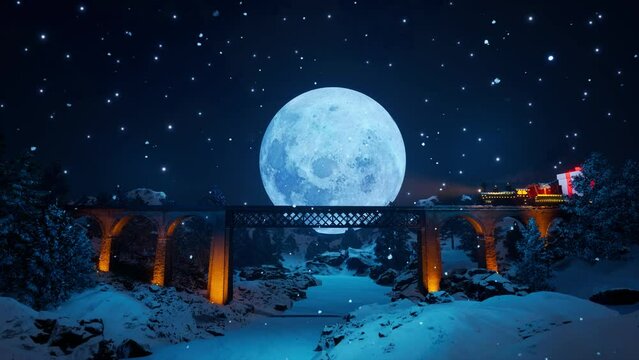 The Christmas train carries gifts through the winter forest against the backdrop of a full moon and slowly falling snow. Christmas and New Year holiday concept.