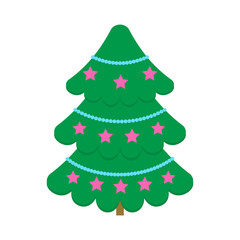 Beautiful Christmas tree with blue chaplet and pink stars isolated on white background. Christmas clip art. Cartoon vector illustration