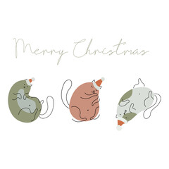 Merry Christmas and Happy New Year. Cute cards for Christmas. Fluffy cats in Santa Claus hats. Pet. Vector illustration.