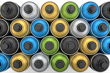 Set of spray paint cans in row on white background. Spray bottle and dispenser