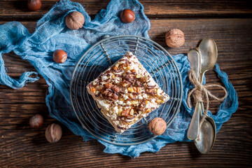 Homemade meringue pie with chocolate and walnuts