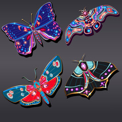 Illustration set of jewelry gold brooches butterflies pendants from precious stones. Beautiful jewelry with reflection.