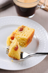 Brazilian corn cake made with a type of corn flour (Fuba) Bolo de Fubá, Selective focus