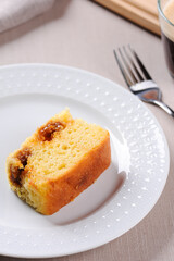 Brazilian corn cake made with a type of corn flour (Fuba) Bolo de Fubá, Selective focus