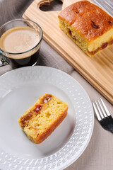Brazilian corn cake made with a type of corn flour (Fuba) Bolo de Fubá, Selective focus