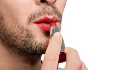 Close up cropped shot of a man applying red lipstick, painting his lips.