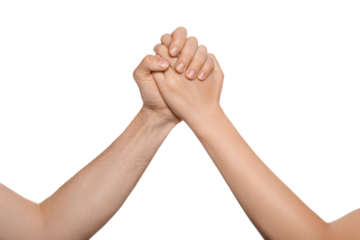 Man and woman in arm wrestling. Friends greeting each other. Concept of standoff, support, friendship, business, community, strained relations.