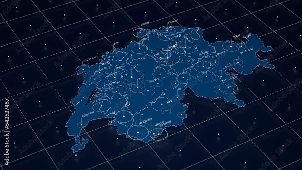 Poster switzerland blue map big data visualization. futuristic map infographic. information aesthetics. vis