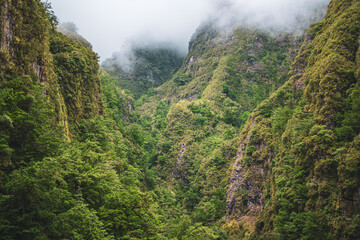 Fototapeta na wymiar View on steep and adventurous jungle terrain from green overgrown canal trail. Levada of Caldeirão Verde, Madeira Island, Portugal, Europe.