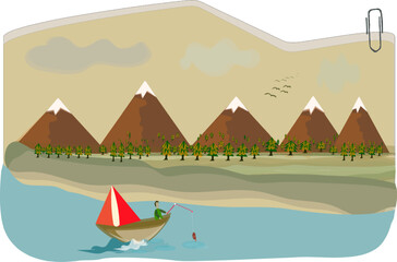 Autumn landscape vector illustration concept, autumn nature landscape with mountains and trees. Member of four seasons design concept for children's books. Man fishing on foreground.