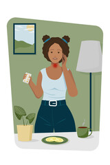 A girl with a sore throat with pills. Tea and lemon are on the table. Vector illustration