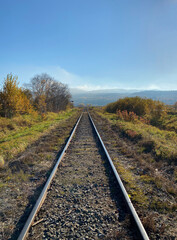 Fototapeta na wymiar Chemin de fer au travers une forêt à l'automne. Rails pour le transport des trains de marchandises et de passagers.