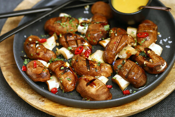 Close-up. Grilled mushrooms on a plate.