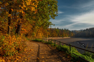 Fototapeta na wymiar Harcov dam in Liberec city in autumn color mornig first time empty in history