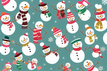 christmas pattern with snowman on green background