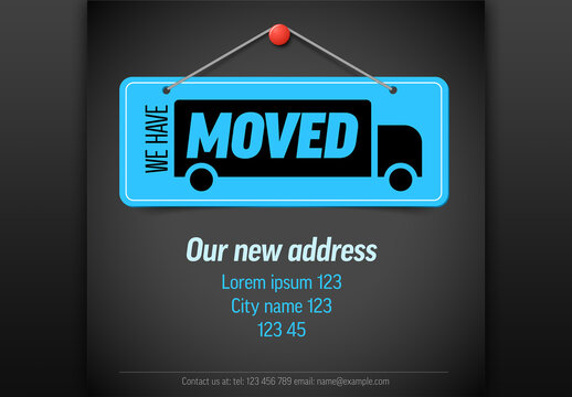 We Have Moved Dark Flyer Template with Blue Notice Placard