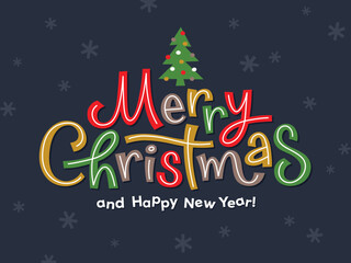 Merry Christmas funky colorful text on dark background. Hand drawn vector lettering for greeting card or banner design in funny and friendly style.