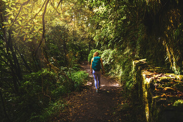 Beautiful woman walks at adventurous jungle path along water canal. Levada of Caldeirão Verde, Madeira Island, Portugal, Europe.