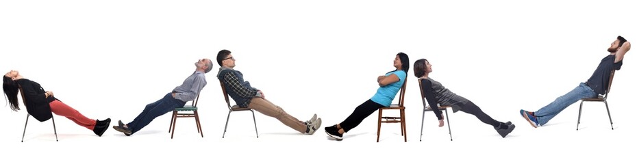 group of women and men relaxed and sitting on a chair on white background