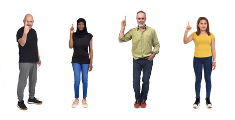 group of people with a raised finger number one, on white background