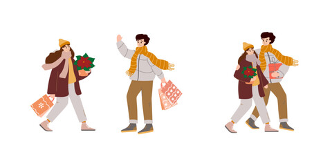 Happy couple with Christmas gifts  and shopping bags for winter holidays. Men  and women carry New Year presents in December. Flat graphic vector illustrations isolated on white.