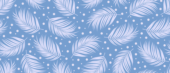 Seamless flat pattern of palm leaves resembling bird feathers. With white beads on a pale blue background, monochrome style. Ideal for textiles, wallpaper, packaging paper