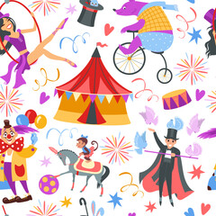 Cartoon circus show seamless pattern. Funny performers with trained animals. Gymnasts and equilibrists. Magicians with doves. Clowns amusement performance. Fair tent. Vector wallpaper