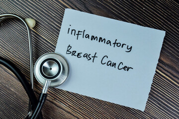 Concept of Inflammatory Breast Cancer write on sticky notes with stethoscope isolated on Wooden...
